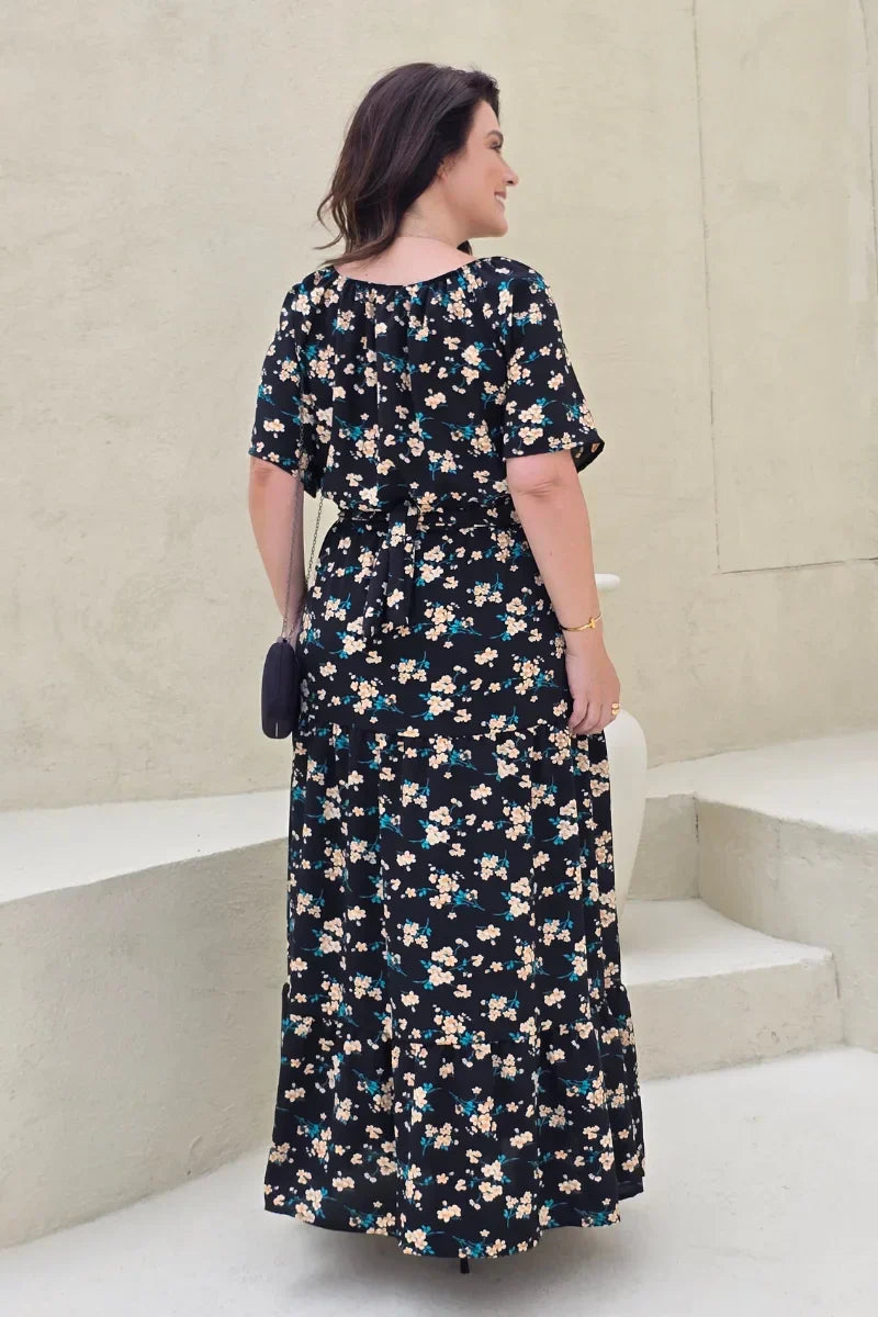 Vestido Elizabeth em Crepe Preto Floral