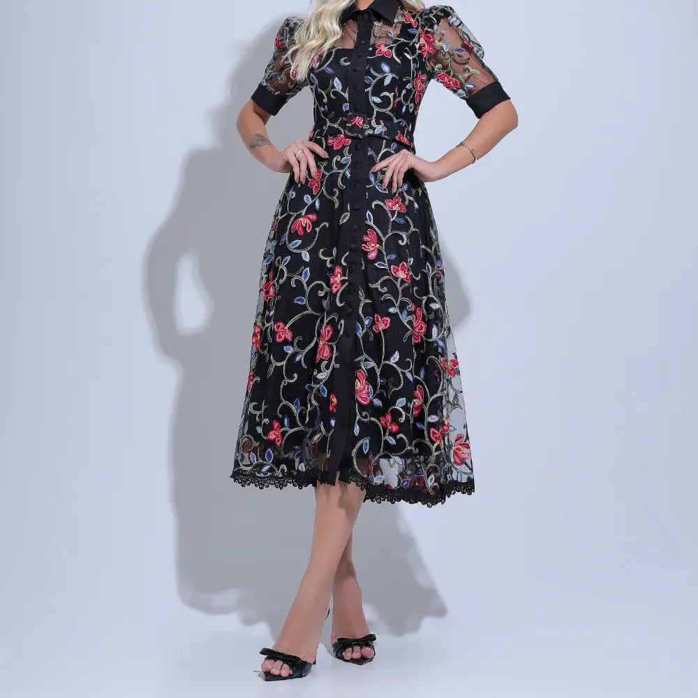 Vestido Feminino Midi Florado Preto Sarah - FL28