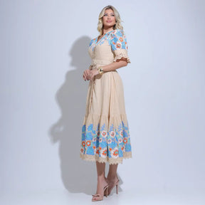 Vestido Feminino Midi Bege Bordado Aurora - FL30