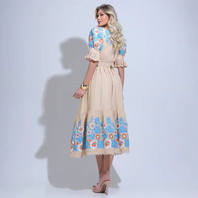 Vestido Feminino Midi Bege Bordado Aurora - FL30