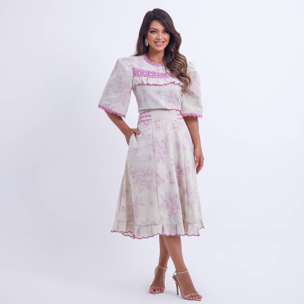 Conjunto Feminino Midi Bordado Lilás Luana - FL12