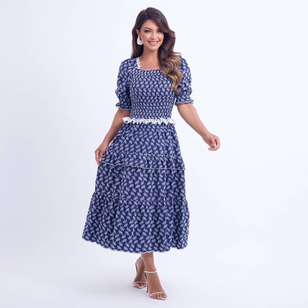 Vestido Feminino Barra Ondulada Azul-Marinho Bordado Natália - FL15