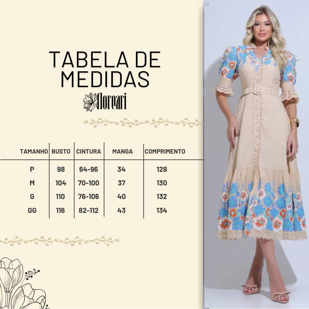 Vestido Feminino Midi Bege Bordado Aurora - FL30