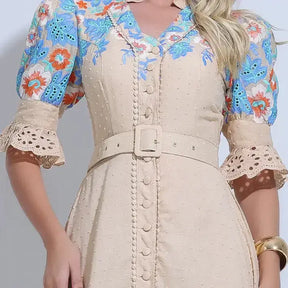 Vestido Feminino Midi Bege Bordado Aurora - FL30