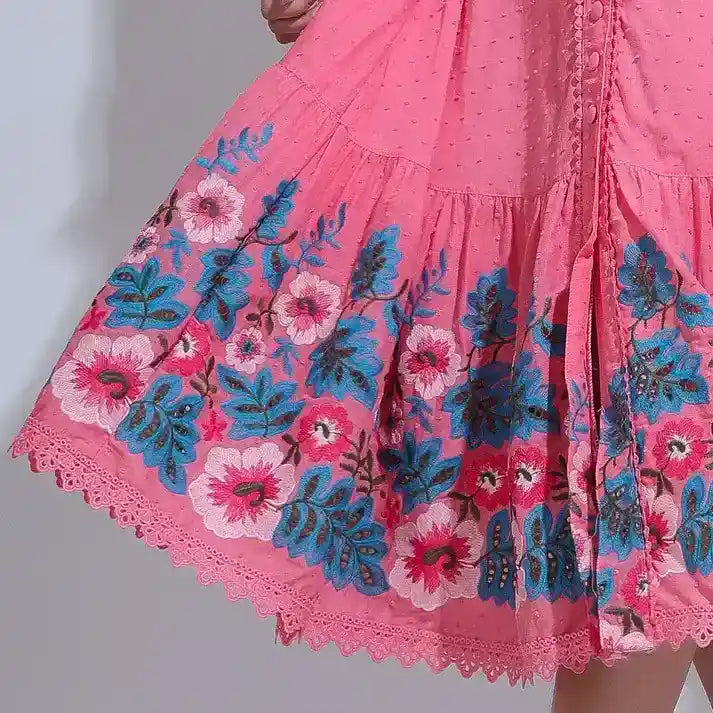 Vestido Feminino Rosa Midi Bordado Aurora - FL32