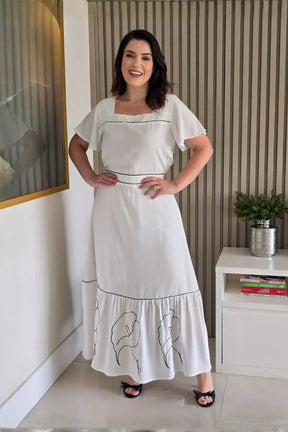Vestido Estela Branco Bordado em Viscolinho